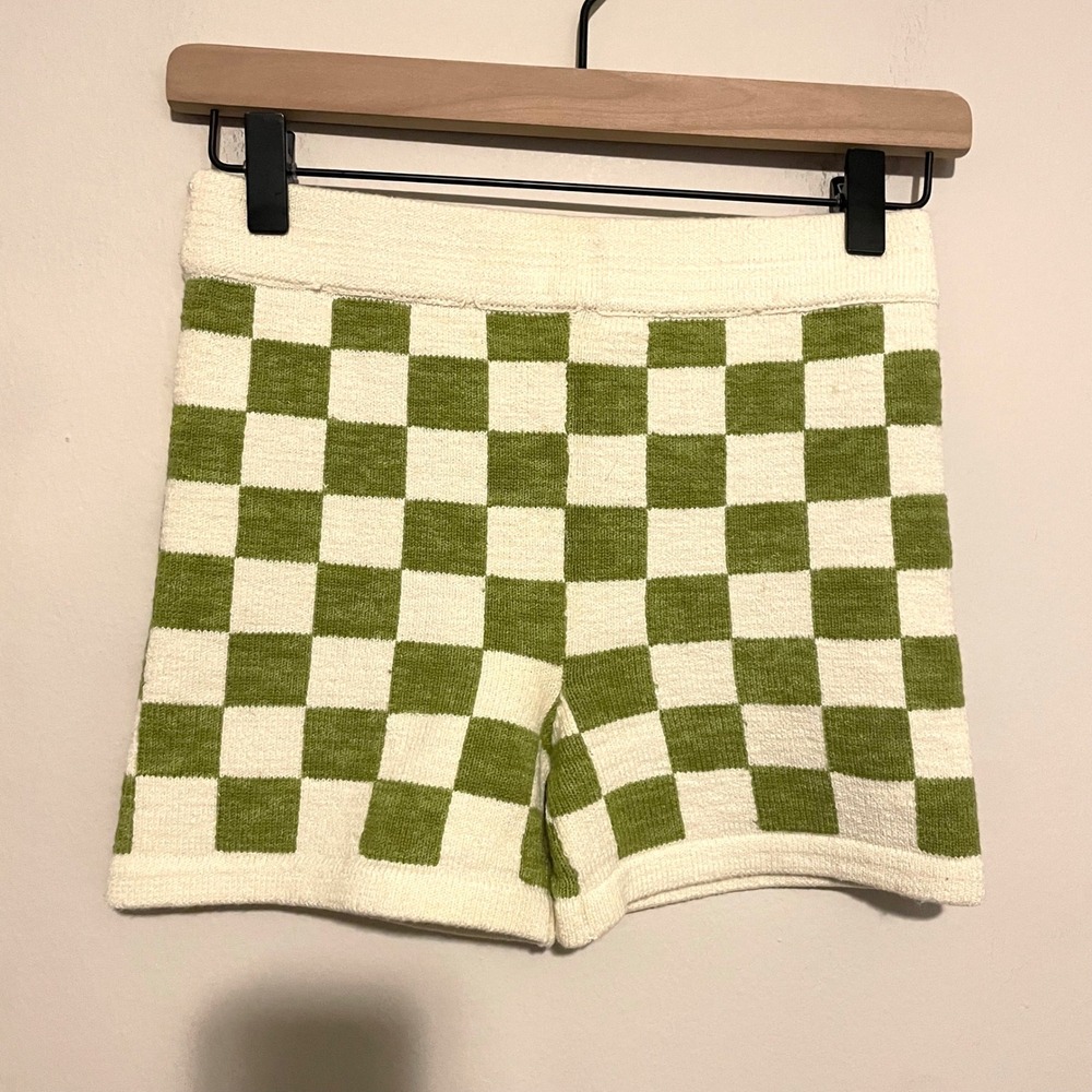 Belle the Label Checkered knit shorts S green resort beach festival vacation - Picture 3 of 5